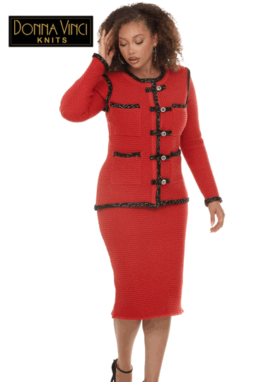 Donna Vinci Knits <br> (Fall/Holiday 2026) <br> DVK13477-PA <br> <br> PAPRIKA/BLK <br> 6 8 10 12 14 16 18 20<br> <br> 2pc. Jacket & Skirt Set <br> Exclusive Textured Knitted Yarn Trimmed With Novelty Black Braids & Rhinestone Buttons