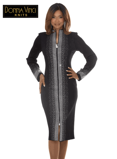 Donna Vinci Knits <br> (Fall/Holiday 2026) <br> DVK13478-BL <br> <br> BLACK <br> 6 8 10 12 14 16 18 20<br> <br> Dress <br> Exclusive Textured Knitted Yarn Trimmed With Rhinestones