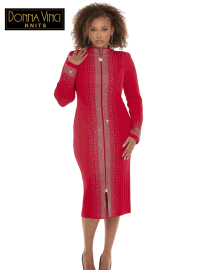 Donna Vinci Knits <br> (Fall/Holiday 2026) <br> DVK13478-RE <br> <br> RED <br> 6 8 10 12 14 16 18 20<br> <br> Dress <br> Exclusive Textured Knitted Yarn Trimmed With Rhinestones