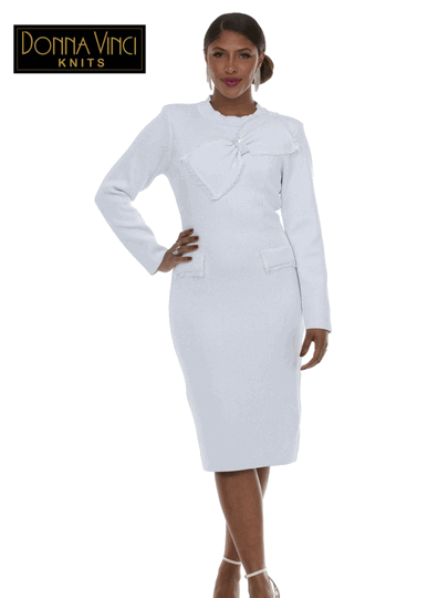 Donna Vinci Knits <br> (Fall/Holiday 2026) <br> DVK13479-WH <br> <br> PURE-WHITE <br> 6 8 10 12 14 16 18 20<br> <br> Dress <br> Exclusive Textured Knitted Yarn Trimmed With Rhinestones