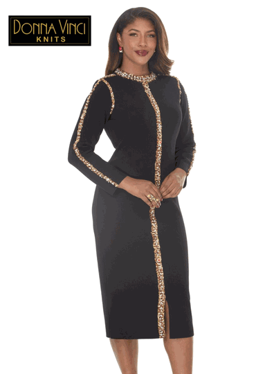 Donna Vinci Knits <br> (Fall/Holiday 2026) <br> DVK13484 <br> <br> BLACK <br> 8 10 12 14 16 18 20 22<br> <br> Dress <br> Exclusive Knitted Yarn, With An Elaborate Multi Color Rhinestone Design