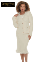 Donna Vinci Knits <br> (Fall/Holiday 2026) <br> DVK13485 <br> <br> IVORY <br> 10 12 14 16 18 20 22 24<br> <br> 2pc. Jacket & Skirt Set <br> Exclusive Textured Knitted Yarn Trimmed With Rhinestones & Pearl Buttons