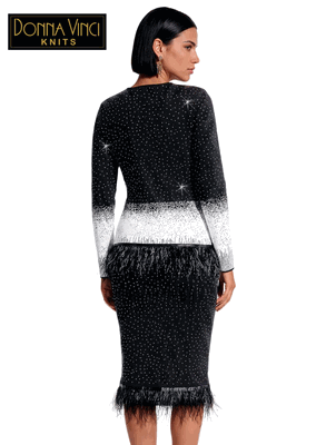 Donna Vinci Knits <br> (Fall/Holiday 2026) <br> DVK13486 <br> <br> BLACK/WHITE  <br> 10 12 14 16 18 20 22 24<br> <br> 2pc. Jacket & Skirt Set <br> Exclusive Textured Knitted Yarn Trimmed With Rhinestones & Feathers