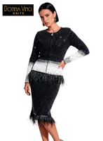 Donna Vinci Knits <br> (Fall/Holiday 2026) <br> DVK13486 <br> <br> BLACK/WHITE  <br> 10 12 14 16 18 20 22 24<br> <br> 2pc. Jacket & Skirt Set <br> Exclusive Textured Knitted Yarn Trimmed With Rhinestones & Feathers