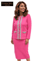 Donna Vinci Knits <br> (Spring/Summer 2026) <br> DVK13458-HO <br> <br> HOT-PINK <br> 8 10 12 14 16 18 20 22<br> <br> 2pc. Jacket & Skirt Set <br> Exclusive Knitted Yarn, Designed With Rhinestones & Pearl Trims