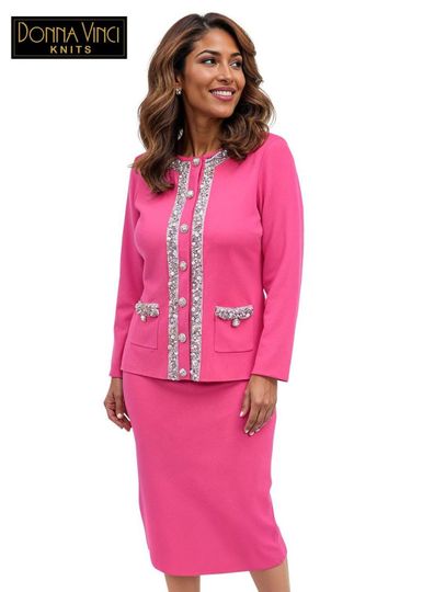 Donna Vinci Knits <br> (Spring/Summer 2026) <br> DVK13458-HO <br> <br> HOT-PINK <br> 8 10 12 14 16 18 20 22<br> <br> 2pc. Jacket & Skirt Set <br> Exclusive Knitted Yarn, Designed With Rhinestones & Pearl Trims