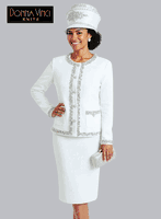 Donna Vinci Knits <br> (Spring/Summer 2026) <br> DVK13458-PU <br> <br> PURE-WHITE <br> 8 10 12 14 16 18 20 22<br> <br> 2pc. Jacket & Skirt Set <br> Exclusive Knitted Yarn, Designed With Rhinestones & Pearl Trims