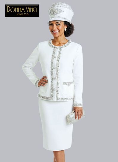 Donna Vinci Knits <br> (Spring/Summer 2026) <br> DVK13458-PU <br> <br> PURE-WHITE <br> 8 10 12 14 16 18 20 22<br> <br> 2pc. Jacket & Skirt Set <br> Exclusive Knitted Yarn, Designed With Rhinestones & Pearl Trims