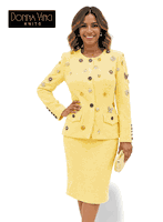 Donna Vinci Knits <br> (Spring/Summer 2026) <br> DVK13459-CA <br> <br> CANARY <br> 6 8 10 12 14 16 18 20<br> <br> 2pc. Jacket & Skirt Set <br> Exclusive Textured Knitted Yarn With Multiple Unique Trims & Buttons