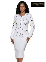 Donna Vinci Knits <br> (Spring/Summer 2026) <br> DVK13459-PU <br> <br> PURE-WHITE <br> 6 8 10 12 14 16 18 20<br> <br> 2pc. Jacket & Skirt Set <br> Exclusive Textured Knitted Yarn With Multiple Unique Trims & Buttons