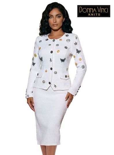 Donna Vinci Knits <br> (Spring/Summer 2026) <br> DVK13459-PU <br> <br> PURE-WHITE <br> 6 8 10 12 14 16 18 20<br> <br> 2pc. Jacket & Skirt Set <br> Exclusive Textured Knitted Yarn With Multiple Unique Trims & Buttons