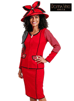 Donna Vinci Knits <br> (Spring/Summer 2026) <br> DVK13461-RE <br> <br> RED/BLACK <br> 8 10 12 14 16 18 20 22<br> <br> 2pc. Jacket & Skirt Set <br> Exclusive Knitted Yarn, Trimmed With Rhinestones & A Detachable Bow