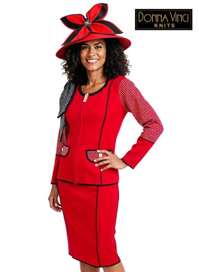 Donna Vinci Knits <br> (Spring/Summer 2026) <br> DVK13461-RE <br> <br> RED/BLACK <br> 8 10 12 14 16 18 20 22<br> <br> 2pc. Jacket & Skirt Set <br> Exclusive Knitted Yarn, Trimmed With Rhinestones & A Detachable Bow