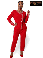 Donna Vinci Knits <br> (Spring/Summer 2026) <br> DVK13468 <br> <br> RED <br> 8 10 12 14 16 18 20 22<br> <br> 2pc. Jacket & Pant Set <br> Exclusive Knitted Yarn, Designed With Rhinestones