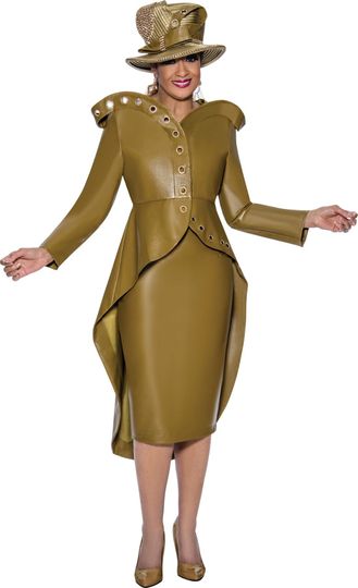 Dorinda Clark Cole <br> (SALE) <br> DCC4852-OL <br> <br> OLIVE <br> 18 18w 20w 22w<br><br>Leatherette 2pc Skirt Set with Grommets