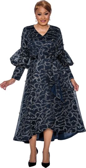 Dorinda Clark Cole <br> (SALE) <br> DCC5231-Na <br> <br> Navy/Silver <br> 18 18w 20w 22w<br><br>Faux Wrap Print Dress