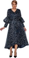 Dorinda Clark Cole <br> (SALE) <br> DCC5231-Na <br> <br> Navy/Silver <br> 18 18w 20w 22w<br><br>Faux Wrap Print Dress