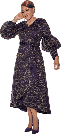 Dorinda Clark Cole <br> (SALE) <br> DCC5231-Pu <br> <br> Purple/Gold <br> 18<br><br>Faux Wrap Print Dress