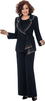 Dorinda Clark Cole <br> (Fall 2025) <br> DCC309093 <br> <br> Black <br> 8 10 12 14 16 18 <br> 16w 18w 20w 22w 24w 26w<br><br>Crepe pantsuit with cami, rounded collar jacket with rhinestone trim and sash closure 3 Piece