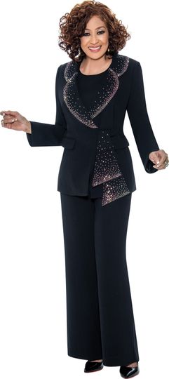 Dorinda Clark Cole <br> (Fall 2025) <br> DCC309093 <br> <br> Black <br> 8 10 12 14 16 18 <br> 16w 18w 20w 22w 24w 26w<br><br>Crepe pantsuit with cami, rounded collar jacket with rhinestone trim and sash closure 3 Piece