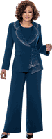 Dorinda Clark Cole <br> (Fall 2025) <br> DCC309093 <br> <br> Navy <br> 8 10 12 14 16 18 <br> 16w 18w 20w 22w 24w 26w<br><br>Crepe pantsuit with cami, rounded collar jacket with rhinestone trim and sash closure 3 Piece