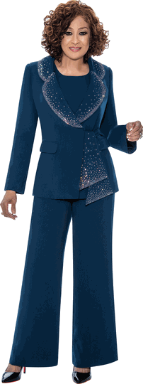 Dorinda Clark Cole <br> (Fall 2026) <br> DCC309093 <br> <br> Navy <br> 8 10 12 14 16 18 <br> 16w 18w 20w 22w 24w 26w<br><br>Crepe pantsuit with cami, rounded collar jacket with rhinestone trim and sash closure
