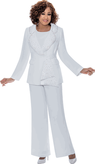 Dorinda Clark Cole <br> (Fall 2026) <br> DCC309093 <br> <br> White <br> 8 10 12 14 16 18 <br> 16w 18w 20w 22w 24w 26w<br><br>Crepe pantsuit with cami, rounded collar jacket with rhinestone trim and sash closure