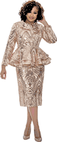 Dorinda Clark Cole <br> (Fall 2025) <br> DCC309212 <br> <br> Champagne <br> 8 10 12 14 16 18 <br> 16w 18w 20w 22w 24w 26w<br><br>Sequin pattern sheath dress with tiered peplum, fold-over collar and rhinestone buttons 2 Piece