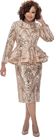 Dorinda Clark Cole <br> (Fall 2025) <br> DCC309212 <br> <br> Champagne <br> 8 10 12 14 16 18 <br> 16w 18w 20w 22w 24w 26w<br><br>Sequin pattern sheath dress with tiered peplum, fold-over collar and rhinestone buttons 2 Piece