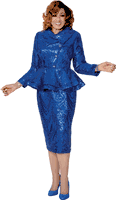Dorinda Clark Cole <br> (Fall 2025) <br> DCC309212 <br> <br> Royal <br> 8 10 12 14 16 18 <br> 16w 18w 20w 22w 24w 26w<br><br>Sequin pattern sheath dress with tiered peplum, fold-over collar and rhinestone buttons 2 Piece
