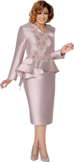 Dorinda Clark Cole <br> (Fall 2025) <br> DCC309771 <br> <br> Taupe <br> 8 10 12 14 16 18 <br> 16w 18w 20w 22w 24w 26w<br><br>Silky twill dress with ruffles, peplum and flower embroidery trim 1 Piece Dress