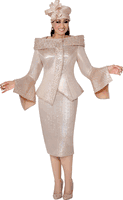 Dorinda Clark Cole <br> (Fall 2025) <br> DCC309791 <br> <br> Champagne <br> 8 10 12 14 16 18 <br> 16w 18w 20w 22w 24w 26w<br><br>Shimmer skirt suit with portrait collar, flare sleeves and beads 1 Piece Dress