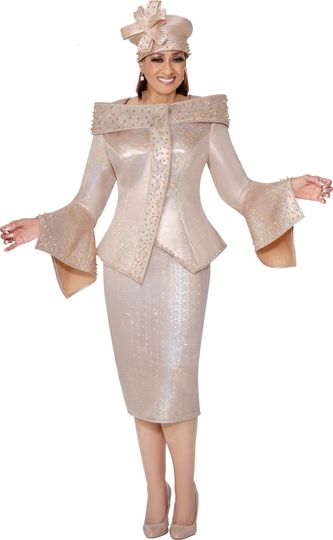 Dorinda Clark Cole <br> (Fall 2025) <br> DCC309791 <br> <br> Champagne <br> 8 10 12 14 16 18 <br> 16w 18w 20w 22w 24w 26w<br><br>Shimmer skirt suit with portrait collar, flare sleeves and beads 1 Piece Dress