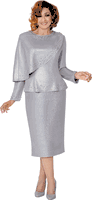 Dorinda Clark Cole <br> (Fall 2025) <br> DCC309802 <br> <br> Silver <br> 8 10 12 14 16 18<br> 16w 18w 20w 22w 24w<br>  26w 28w 30w<br><br>Dressy skirt set with asymmetrical capelet top and beads 2 Piece