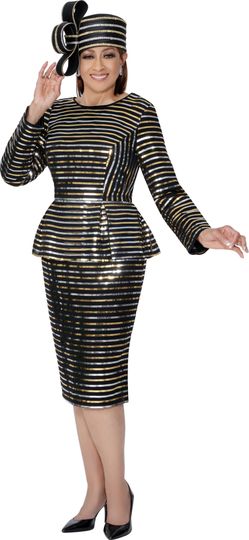 Dorinda Clark Cole <br> (Fall 2025) <br> DCC309821 <br> <br> Black <br> 8 10 12 14 16 18 <br> 16w 18w 20w 22w 24w 26w<br><br>Shimmer ribbon stripe occasion dress with peplum 1 Piece Dress