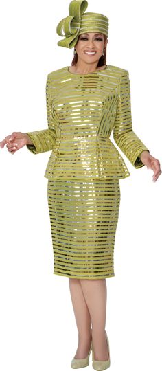 Dorinda Clark Cole <br> (Fall 2025) <br> DCC309821 <br> <br> Green <br> 8 10 12 14 16 18 <br> 16w 18w 20w 22w 24w 26w<br><br>Shimmer ribbon stripe occasion dress with peplum 1 Piece Dress