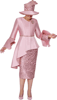 Dorinda Clark Cole <br> (Fall 2025) <br> DCC309832 <br> <br> Dusty-Rose <br> 8 10 12 14 16 18 <br> 16w 18w 20w 22w 24w 26w<br><br>Dressy suit with sequin swirl skirt, high-low peplum jacket, flare cuffs and rhinestone brooch 2 Piece
