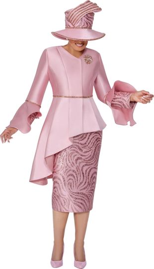 Dorinda Clark Cole <br> (Fall 2025) <br> DCC309832 <br> <br> Dusty-Rose <br> 8 10 12 14 16 18 <br> 16w 18w 20w 22w 24w 26w<br><br>Dressy suit with sequin swirl skirt, high-low peplum jacket, flare cuffs and rhinestone brooch 2 Piece