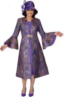 Dorinda Clark Cole <br> (Fall 2025) <br> DCC309902 <br> <br> Multi/Purple <br> 8 10 12 14 16 18<br> 16w 18w 20w 22w 24w<br>  26w 28w 30w<br><br>Swirl pattern duster jacket set with solid dress, flares sleeves and rhinestone clasp 2 Piece