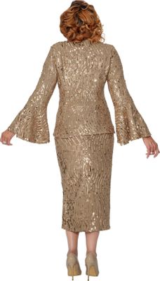 Dorinda Clark Cole <br> (Fall 2025) <br> DCC309912 <br> <br> Tan <br> 8 10 12 14 16 18 <br> 16w 18w 20w 22w 24w 26w<br><br>Sequin skirt set with flare sleeves and large flower 2 Piece Dorinda Clark Cole <br> (Fall 2025) <br> DCC309912 <br> <br> Tan <br> 8 10 12 14 16 18 <br> 16w 18w 20w 22w 24w 26w<br><br>Sequin skirt set with flare sleeves and large flower 2 Piece