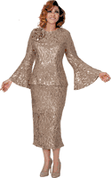 Dorinda Clark Cole <br> (Fall 2025) <br> DCC309912 <br> <br> Tan <br> 8 10 12 14 16 18 <br> 16w 18w 20w 22w 24w 26w<br><br>Sequin skirt set with flare sleeves and large flower 2 Piece