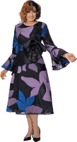 Dorinda Clark Cole <br> (Fall 2025) <br> DCC309921 <br> <br> Multi <br> 8 10 12 14 16 18 <br> 16w 18w 20w 22w 24w 26w<br><br>Midi dress with large flower pattern, flare sleeves and oversized satin flower 1 Piece Dress