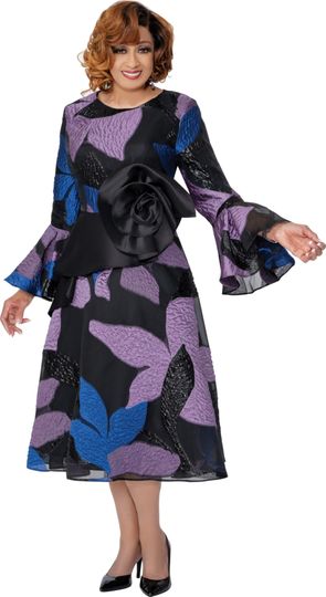 Dorinda Clark Cole <br> (Fall 2025) <br> DCC309921 <br> <br> Multi <br> 8 10 12 14 16 18 <br> 16w 18w 20w 22w 24w 26w<br><br>Midi dress with large flower pattern, flare sleeves and oversized satin flower 1 Piece Dress