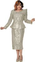 Dorinda Clark Cole <br> (Fall 2025) <br> DCC309942 <br> <br> Champagne/Silver <br> 8 10 12 14 16 18 <br> 16w 18w 20w 22w 24w 26w<br><br>Sequin stripe dressy skirt set with peplum 2 Piece
