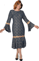 Dorinda Clark Cole <br> (Fall 2025) <br> DCC309961 <br> <br> Navy/Gold <br> 8 10 12 14 16 18 <br> 16w 18w 20w 22w 24w 26w<br><br>Patterned fit and flare dress with flare sleeves and flower embroidery 1 Piece Dress