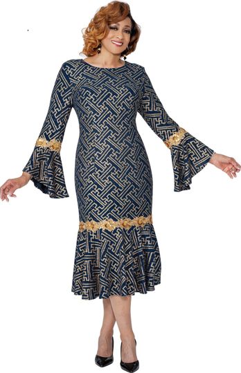 Dorinda Clark Cole <br> (Fall 2025) <br> DCC309961 <br> <br> Navy/Gold <br> 8 10 12 14 16 18 <br> 16w 18w 20w 22w 24w 26w<br><br>Patterned fit and flare dress with flare sleeves and flower embroidery 1 Piece Dress