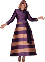 Dorinda Clark Cole <br> (Fall 2025) <br> DCC309971 <br> <br> Purple/Champagne <br> 8 10 12 14 16 18<br> 16w 18w 20w 22w 24w<br>  26w 28w 30w<br><br>Striped maxi dress with collar and sash belt 1 Piece Dress