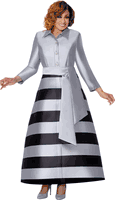 Dorinda Clark Cole <br> (Fall 2025) <br> DCC309971 <br> <br> Silver/Black <br> 8 10 12 14 16 18<br> 16w 18w 20w 22w 24w<br>  26w 28w 30w<br><br>Striped maxi dress with collar and sash belt 1 Piece Dress