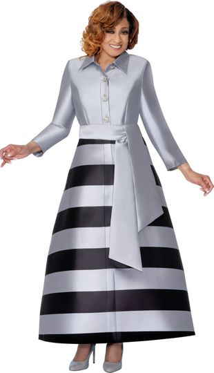 Dorinda Clark Cole <br> (Fall 2025) <br> DCC309971 <br> <br> Silver/Black <br> 8 10 12 14 16 18<br> 16w 18w 20w 22w 24w<br>  26w 28w 30w<br><br>Striped maxi dress with collar and sash belt 1 Piece Dress
