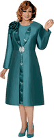 Dorinda Clark Cole <br> (Fall 2025) <br> DCC309982 <br> <br> Green <br> 8 10 12 14 16 18<br> 16w 18w 20w 22w 24w<br>  26w 28w 30w<br><br>Duster jacket with dress, sparkle pattern trim and matching flower brooch 2 Piece